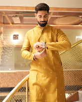 Men’s Heavy Designer Long Kurta Pajama – Mustard Embroidered - Jaipuri Crown